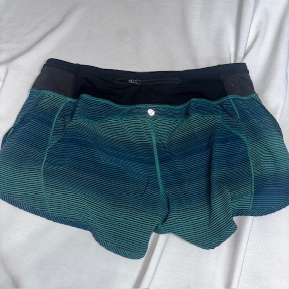 Lululemon Real Quick Shorts Teal Blue Striped Running Athletic Size 10 Low Rise - Picture 2 of 5